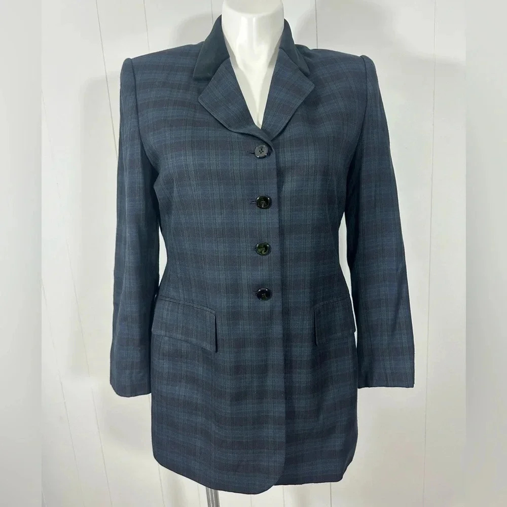 Le Suit Petite Womens Navy Green Plaid Blazer Jacket Career Button Front Sz 14P